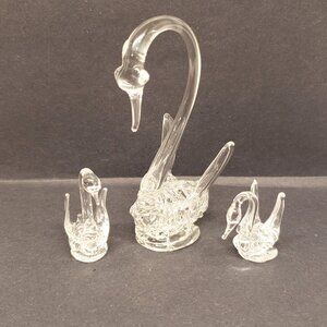 Vintage Swan Family Figurine Set Spaghetti Lampwork Baby Cygnet Lot x3 3.5"